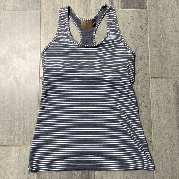 Athleta Racerback Built-In Bra Tank Top Grey White Stripes Size Small - Picture 1 of 10